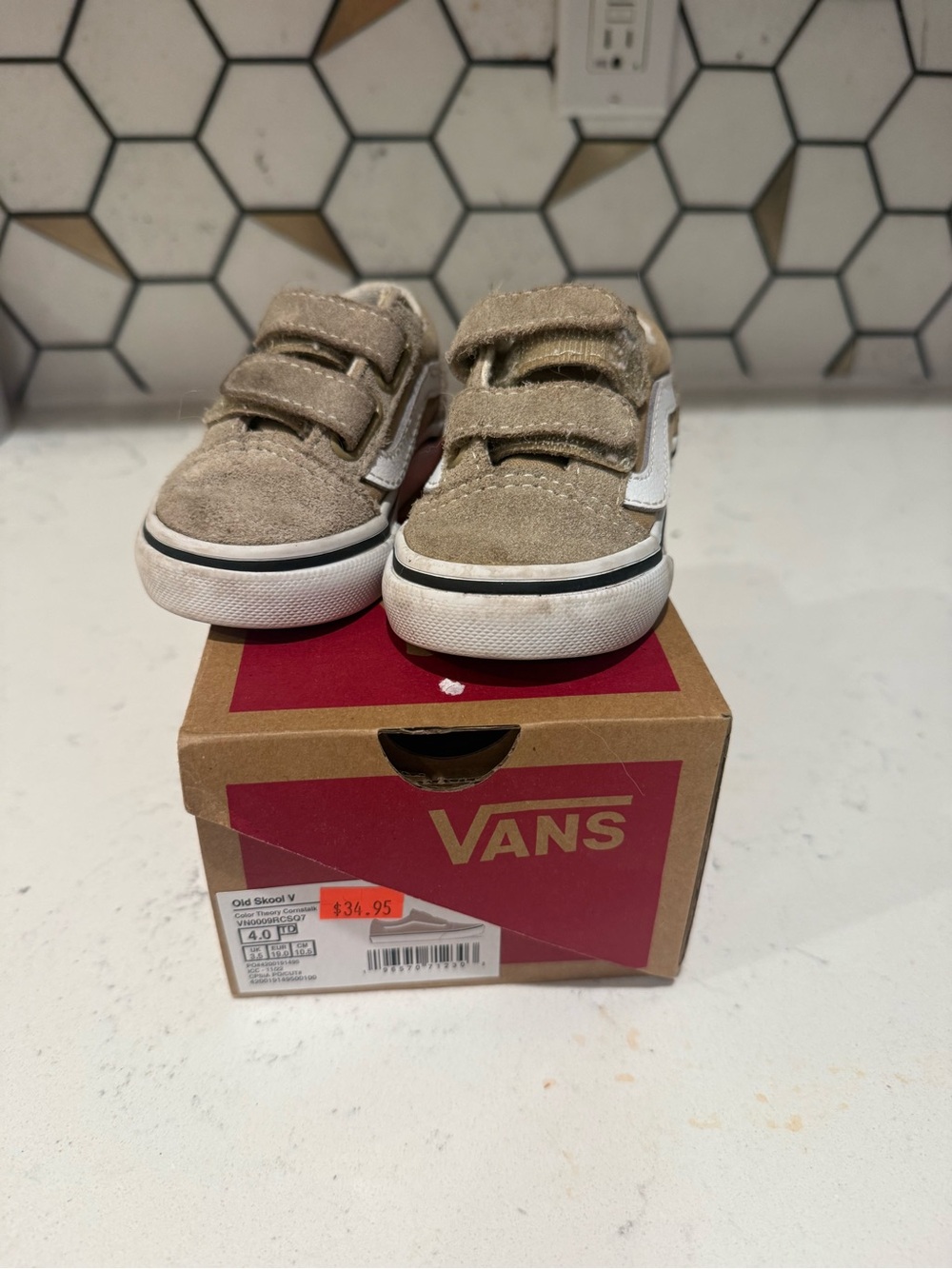 Vans Kids Tan Suede Old Skool Velcro Sneakers with White Stripe